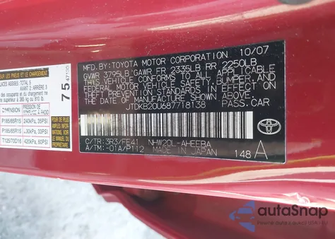 2008 Toyota Prius from USA, damaged, VIN JTDKB20U687718138